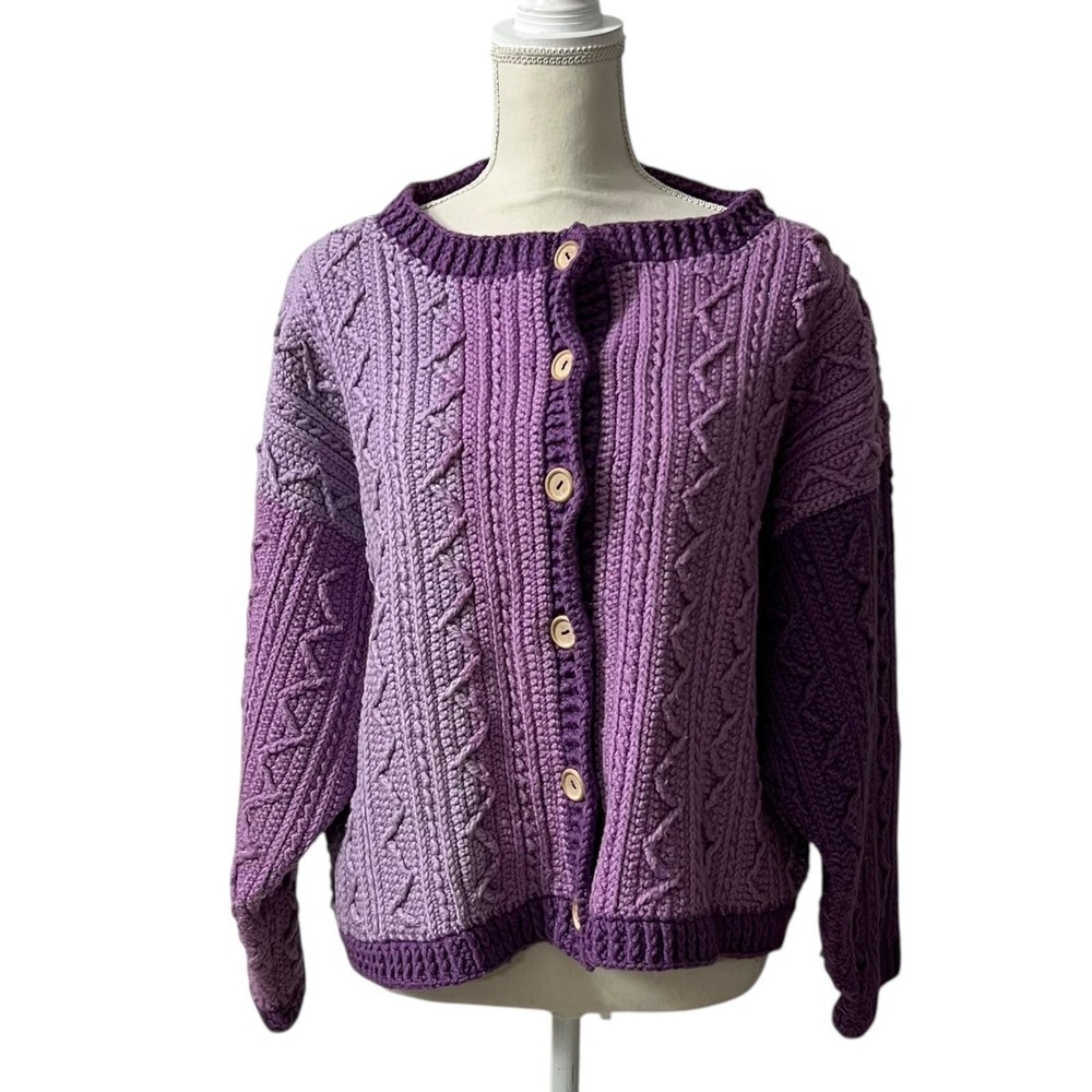Vintage‎ Handmade Purple Cable Knit Cardigan Sweater Wooden Buttons Large - Picture 7 of 7